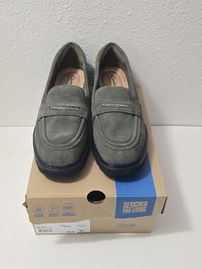 Clarks Olive Suede Penny Loafers